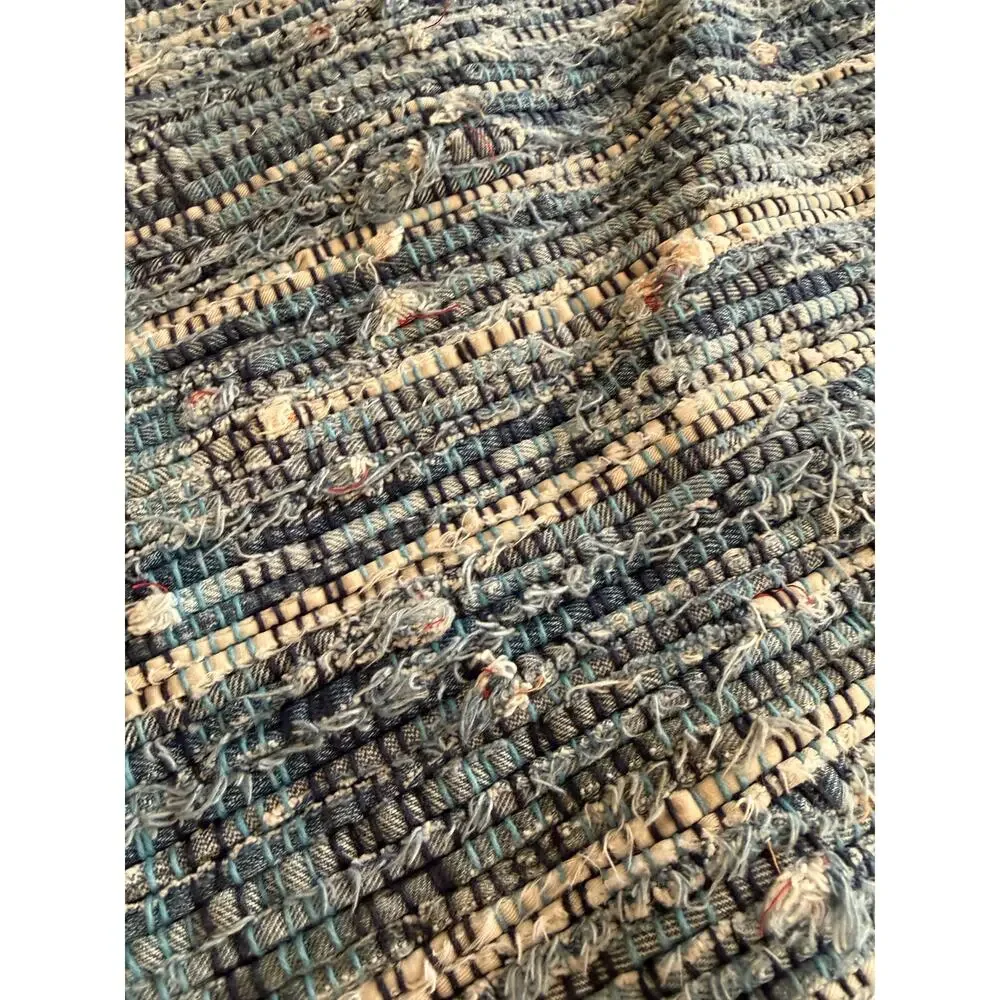Denim Blue Woven Rag Rug Runner Farmhouse Boho Fringe Reversible 90x24